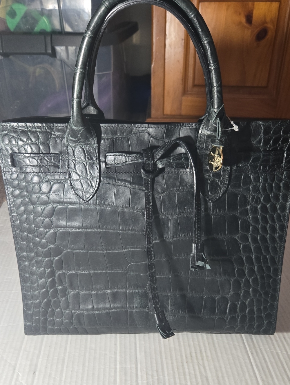 Dooney & Bourke Navy Leather Logo Tag Handbag
